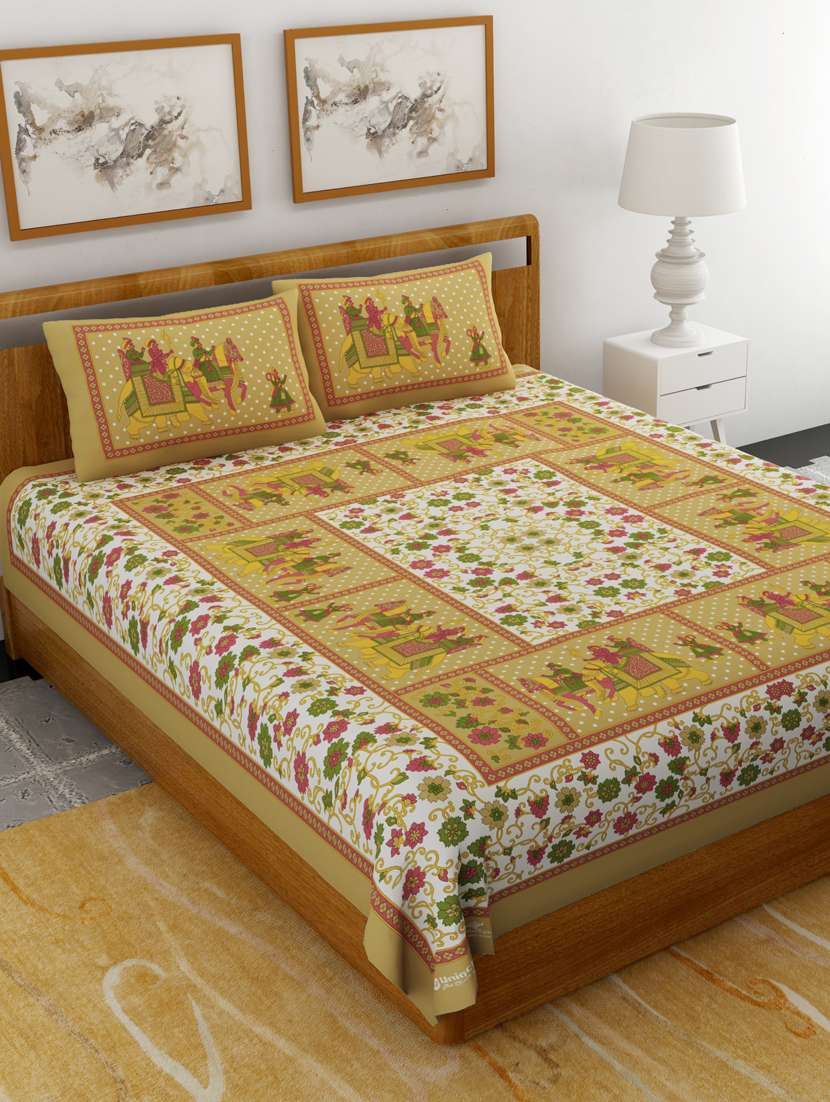uniqchoice yellow color 100% cotton jaipuri traditonal double bedsheet with 2 pillow cover