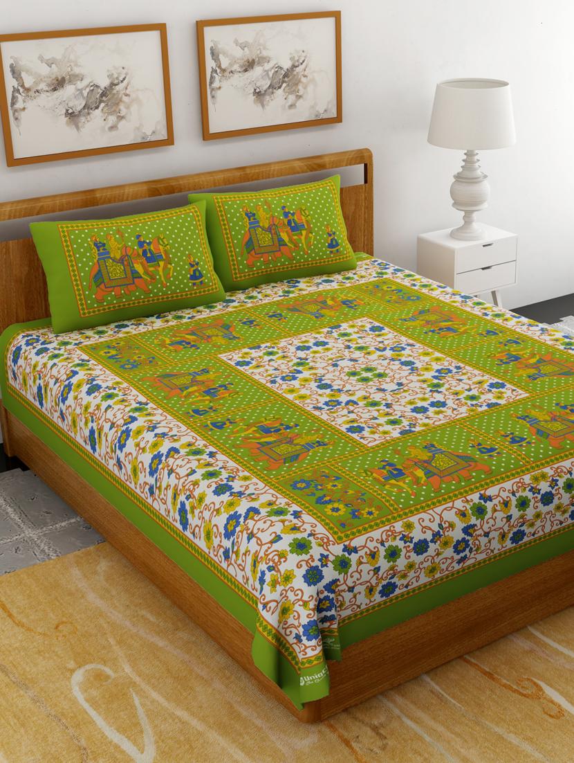 uniqchoice yellow color 100% cotton jaipuri traditonal double bedsheet with 2 pillow cover - 18656047 - Zoom Image - 0