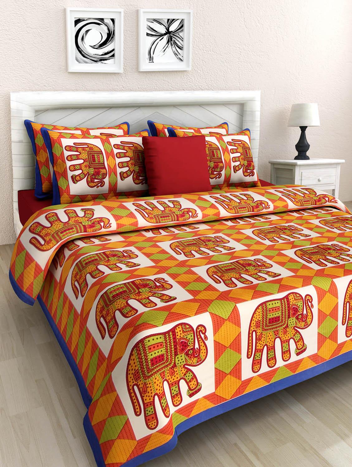 uniqchoice yellow color 100% cotton jaipuri traditonal double bedsheet with 2 pillow cover - 18656058 - Zoom Image - 0