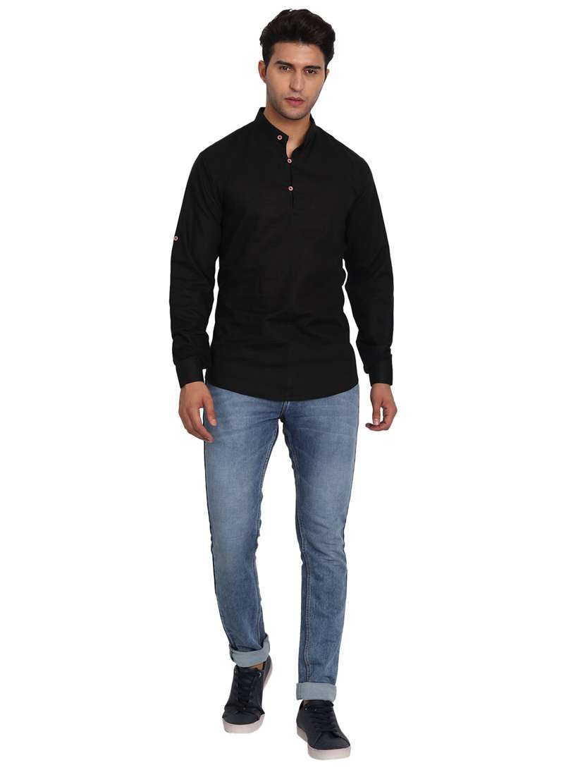 mandarin neck solid short kurta - 18656068 -  Standard Image - 3