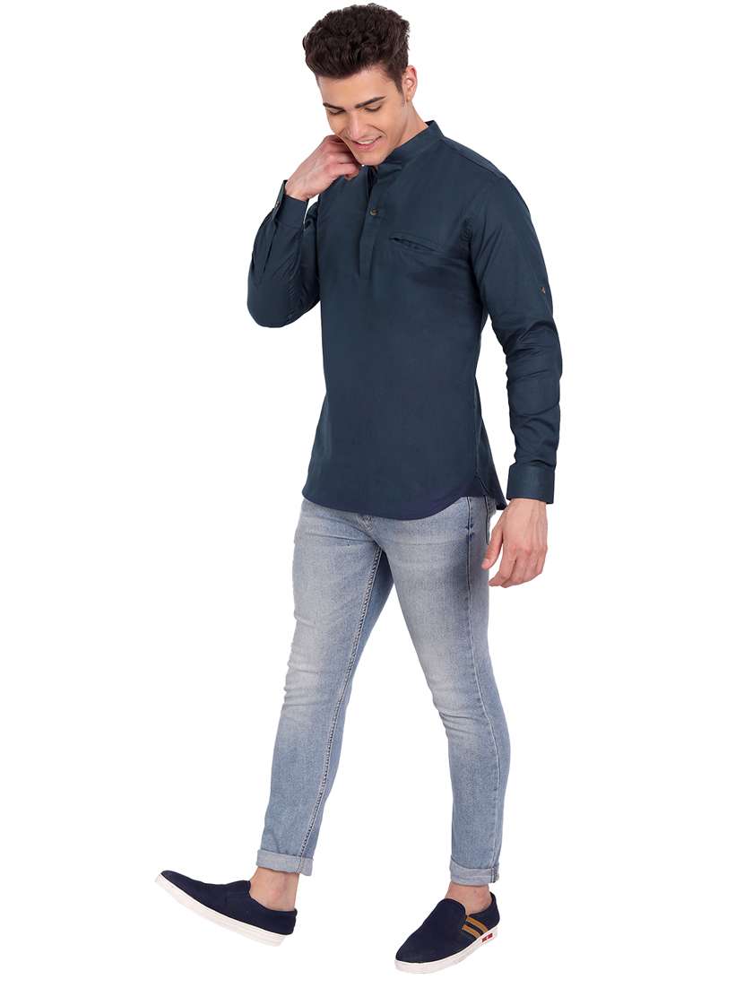 mandarin neck solid short kurta - 18656081 -  Standard Image - 3