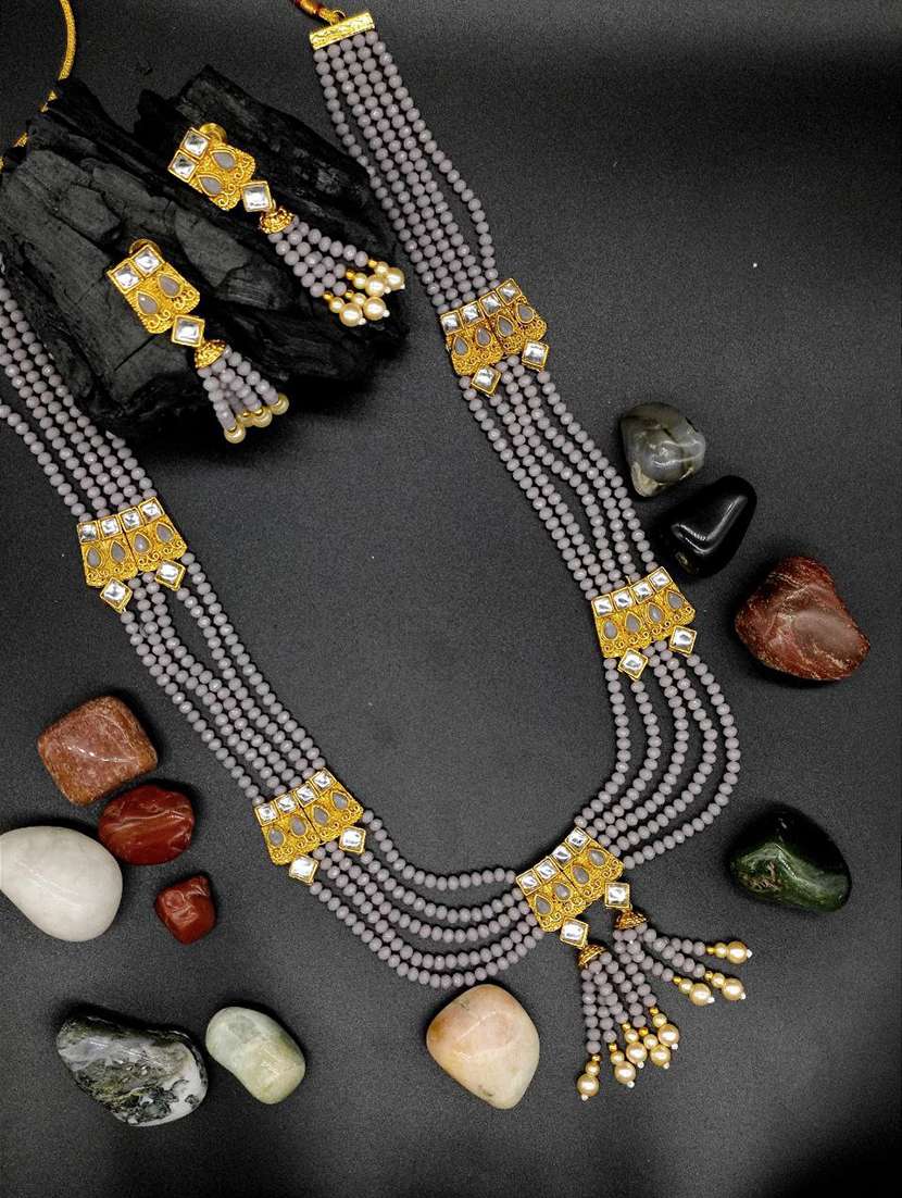  grey multistring beaded bridal necklace earring set 