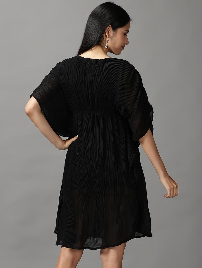 black solid fit & flare dress - 18659138 - Standard Image - 3