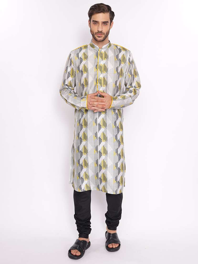 men printed mandarin neck long kurta