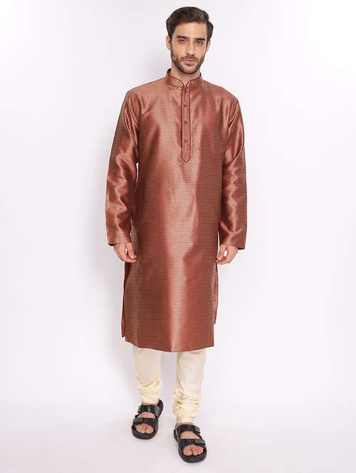 red silk blend long  kurta - 18677940 -  Standard Image - 0