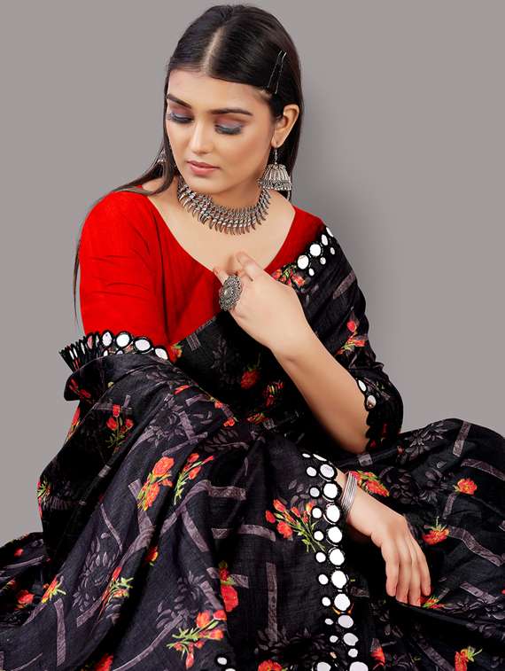 women's floral black colored saree with blouse - 18679601 -  Standard Image - 3