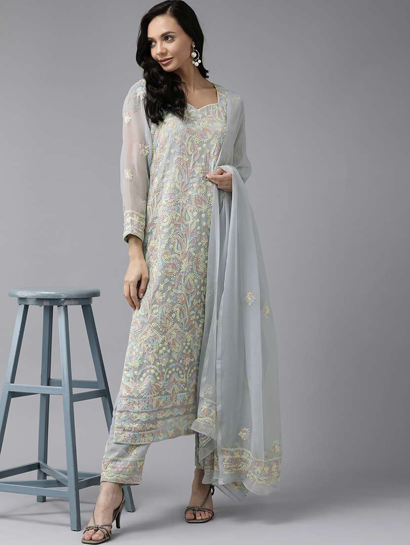 ada hand-embroidered grey chikankari unstitched straight pant suit set - 18679723 - Standard Image - 3