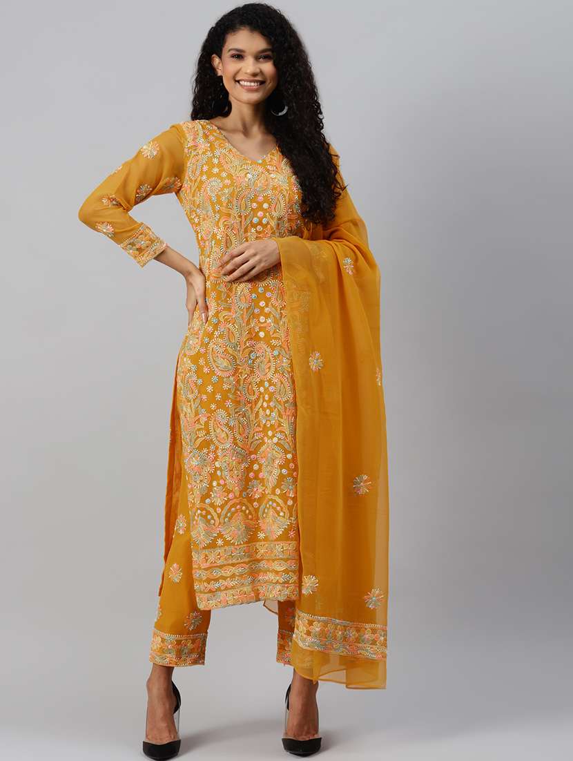 ada hand-embroidered mustard chikankari unstitched straight pant suit set - 18679725 - Zoom Image - 0