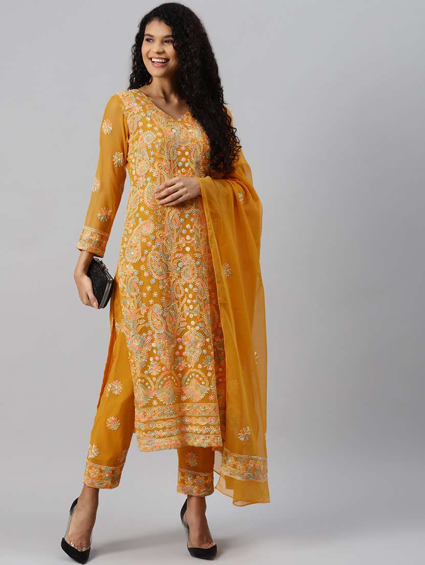 ada hand-embroidered mustard chikankari unstitched straight pant suit set - 18679725 - Standard Image - 3