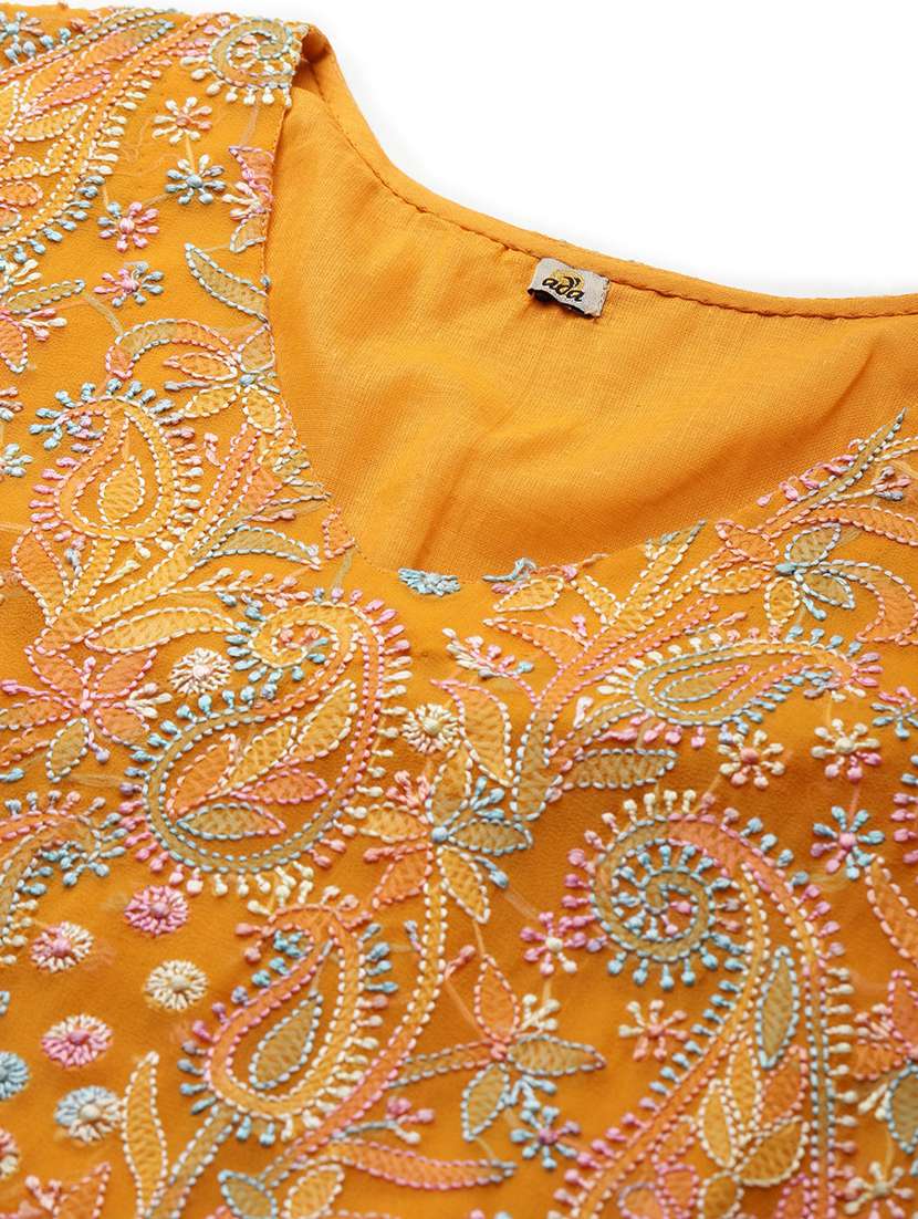ada hand-embroidered mustard chikankari unstitched straight pant suit set - 18679725 - Standard Image - 5