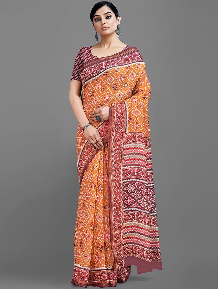 women's self design orange colored saree with blouse - 18682015 -  Zoom Image - 0
