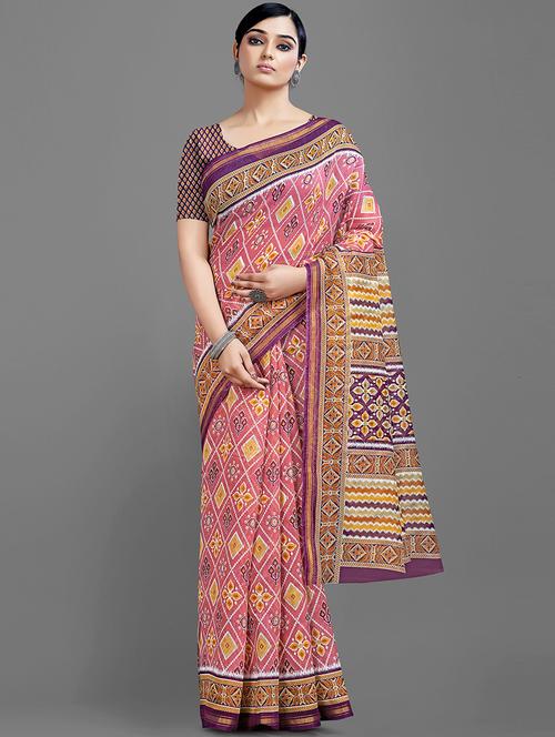 pink cotton blend printed saree with blouse - 18682017 -  Standard Image - 0