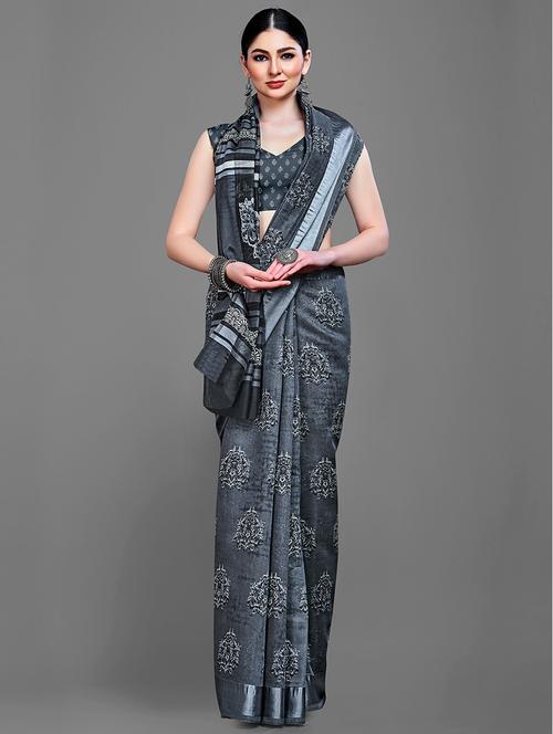 grey cotton blend printed saree with blouse - 18682031 - Standard Image - 0