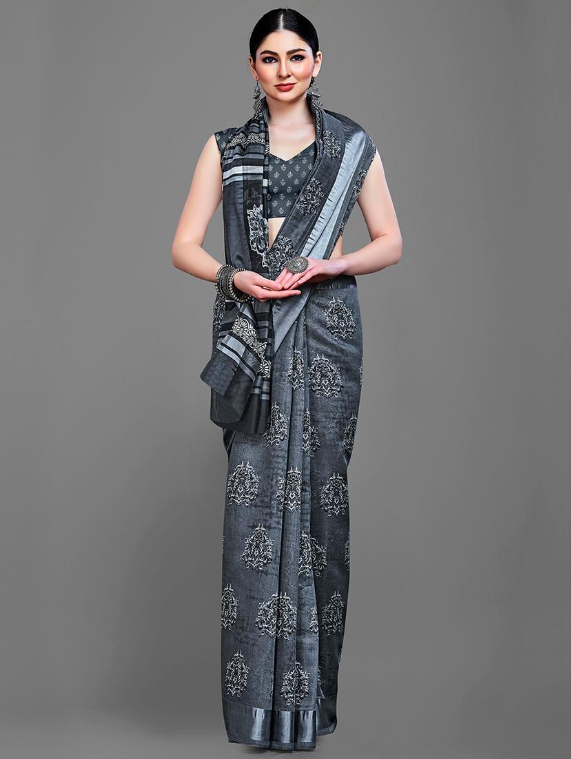 grey cotton blend printed saree with blouse - 18682031 - Zoom Image - 0