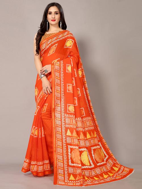 orange cotton blend printed saree with blouse - 18682041 - Standard Image - 0