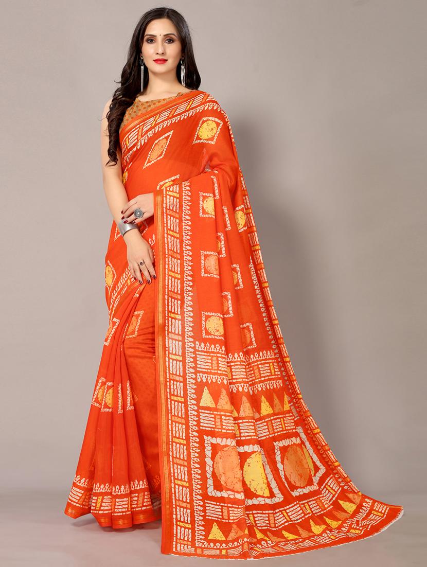 orange cotton blend printed saree with blouse - 18682041 - Zoom Image - 0