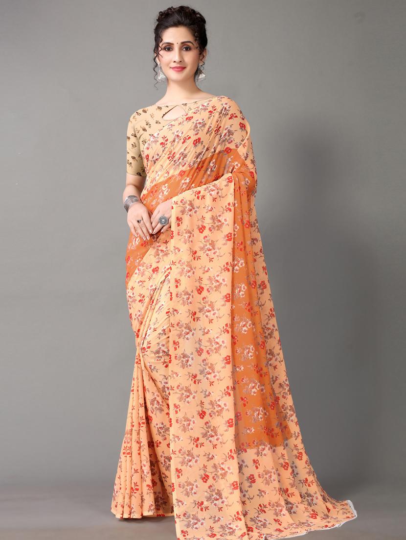 cream georgette printed saree with blouse - 18682782 -  Zoom Image - 0