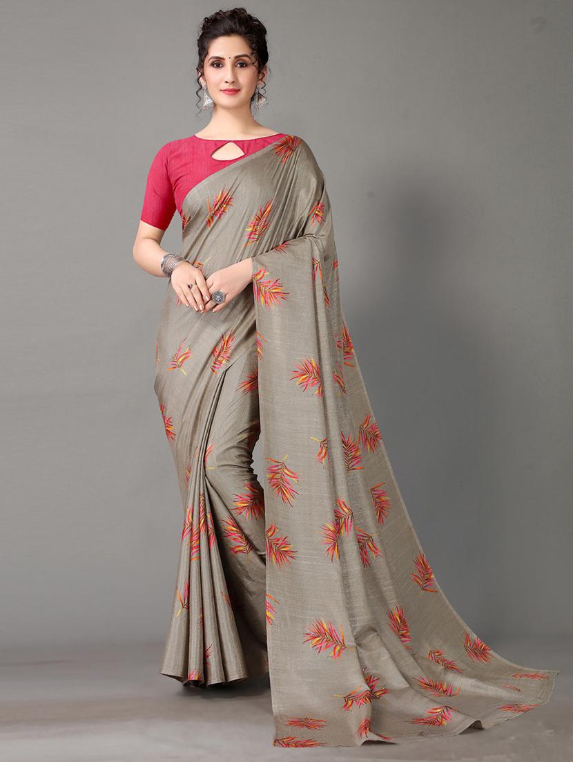 olive art silk printed saree with blouse - 18682793 - Zoom Image - 0