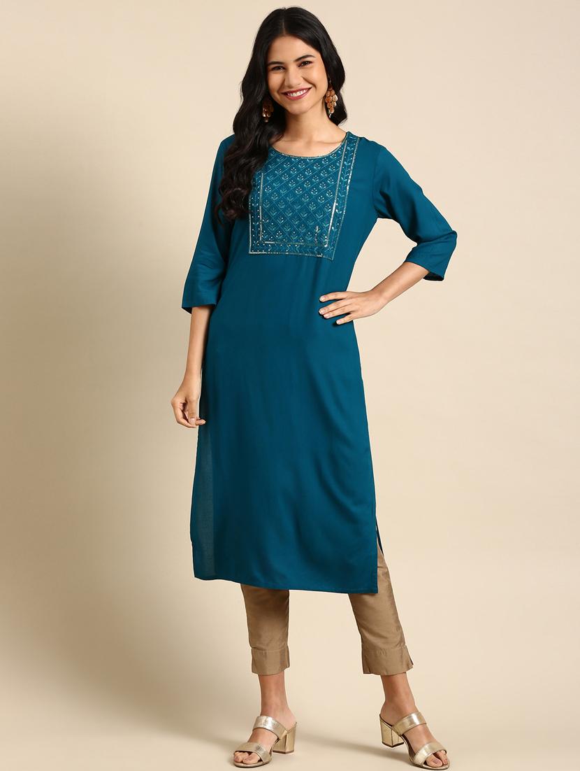 teal viscose straight kurta - 18682941 - Zoom Image - 0