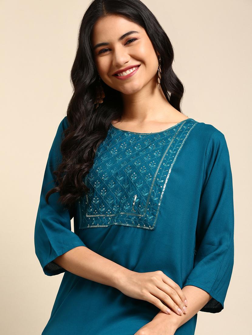 teal viscose straight kurta - 18682941 - Standard Image - 3