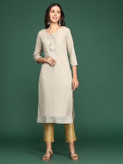 cream art silk straight kurta - 18683021 - Standard Image - 0