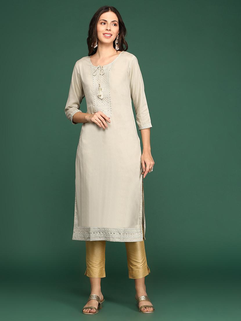 cream art silk straight kurta - 18683021 - Zoom Image - 0