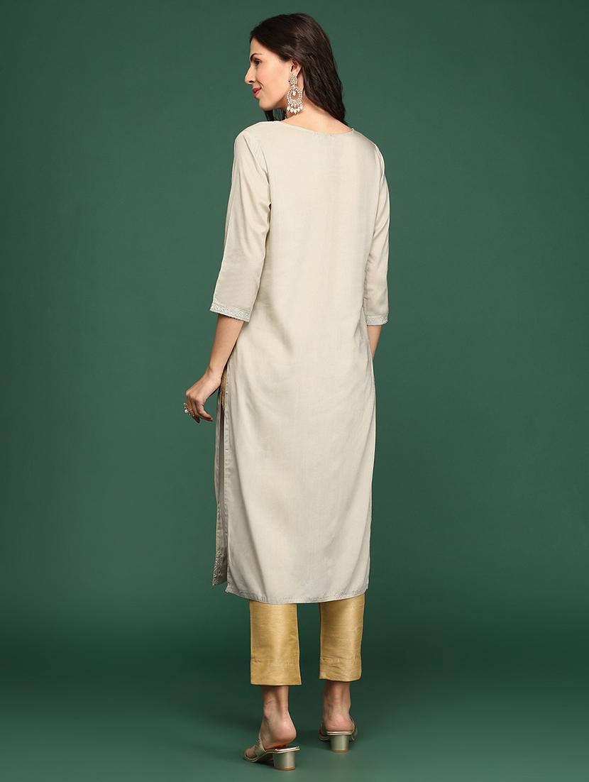 cream art silk straight kurta - 18683021 - Standard Image - 3