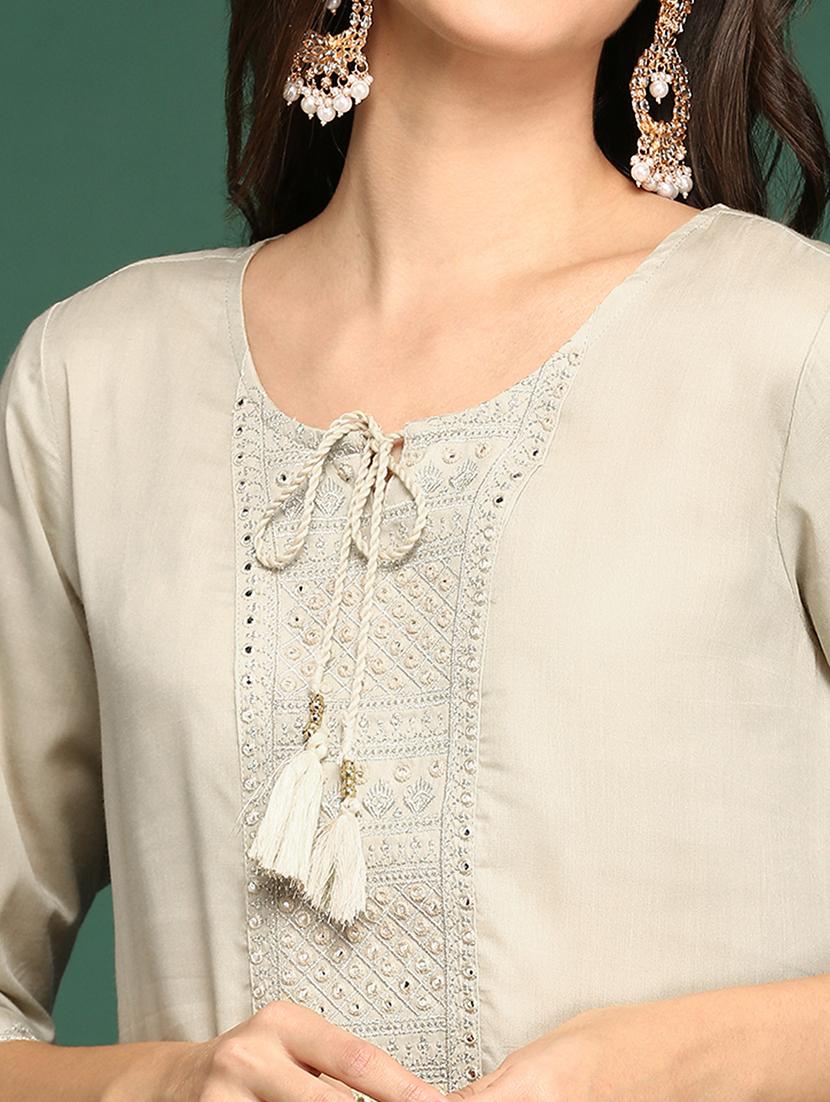 cream art silk straight kurta - 18683021 - Standard Image - 5
