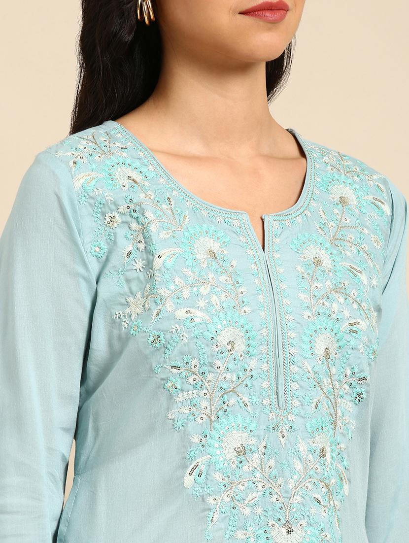 blue chanderi straight kurta - 18683043 - Standard Image - 3