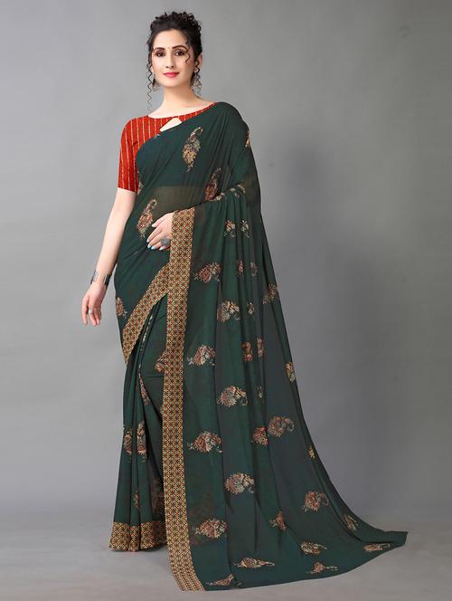 dark green georgette printed saree with blouse - 18683212 -  Standard Image - 0