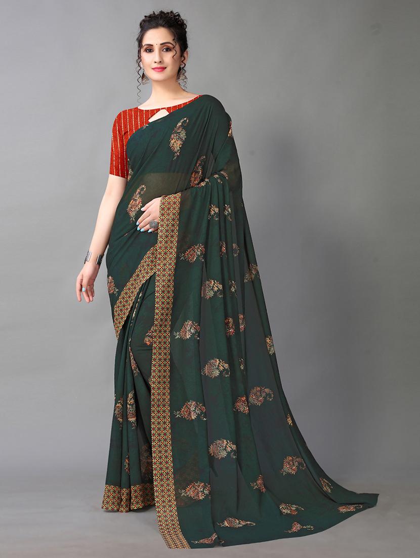 dark green georgette printed saree with blouse - 18683212 -  Zoom Image - 0