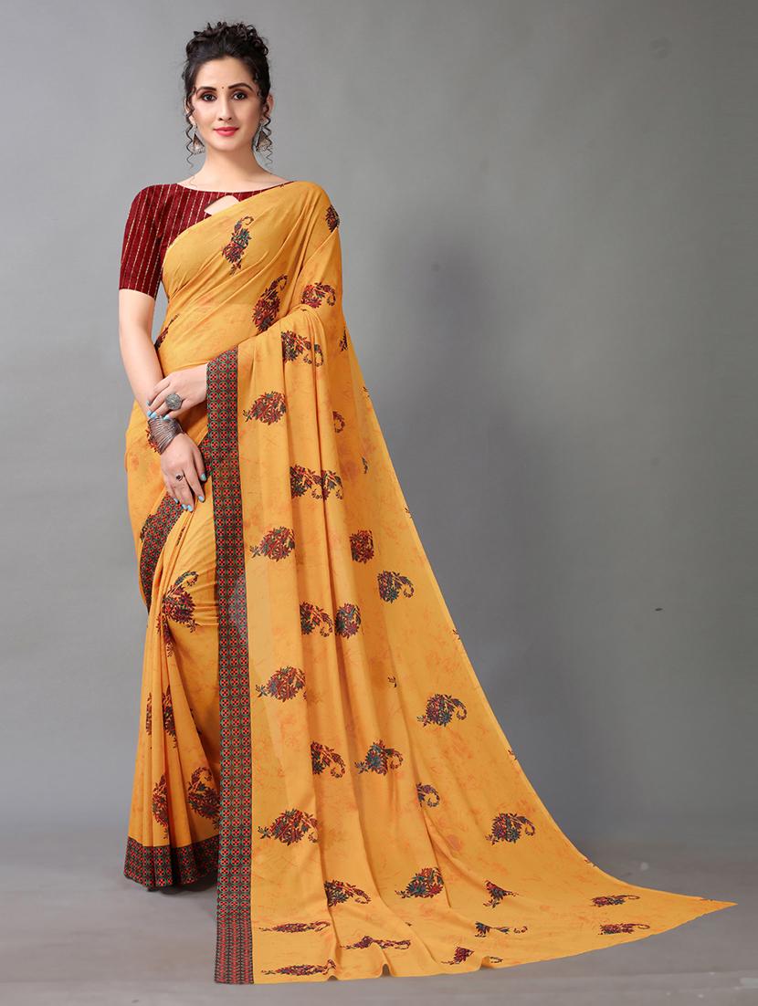 yellow georgette printed saree with blouse - 18683216 - Zoom Image - 0