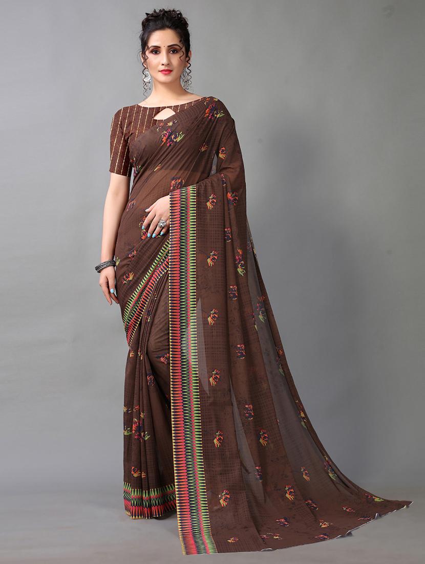 brown georgette printed saree with blouse - 18683237 -  Zoom Image - 0
