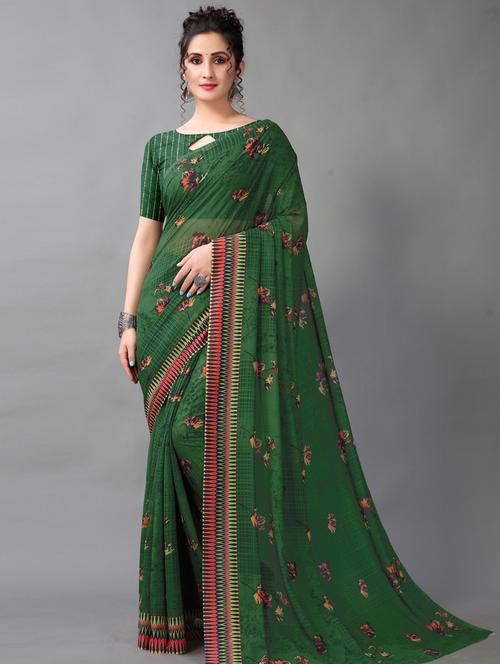dark green georgette printed saree with blouse - 18683238 - Standard Image - 0