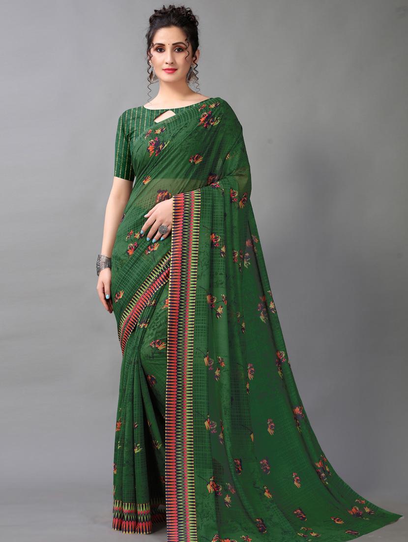 dark green georgette printed saree with blouse - 18683238 - Zoom Image - 0