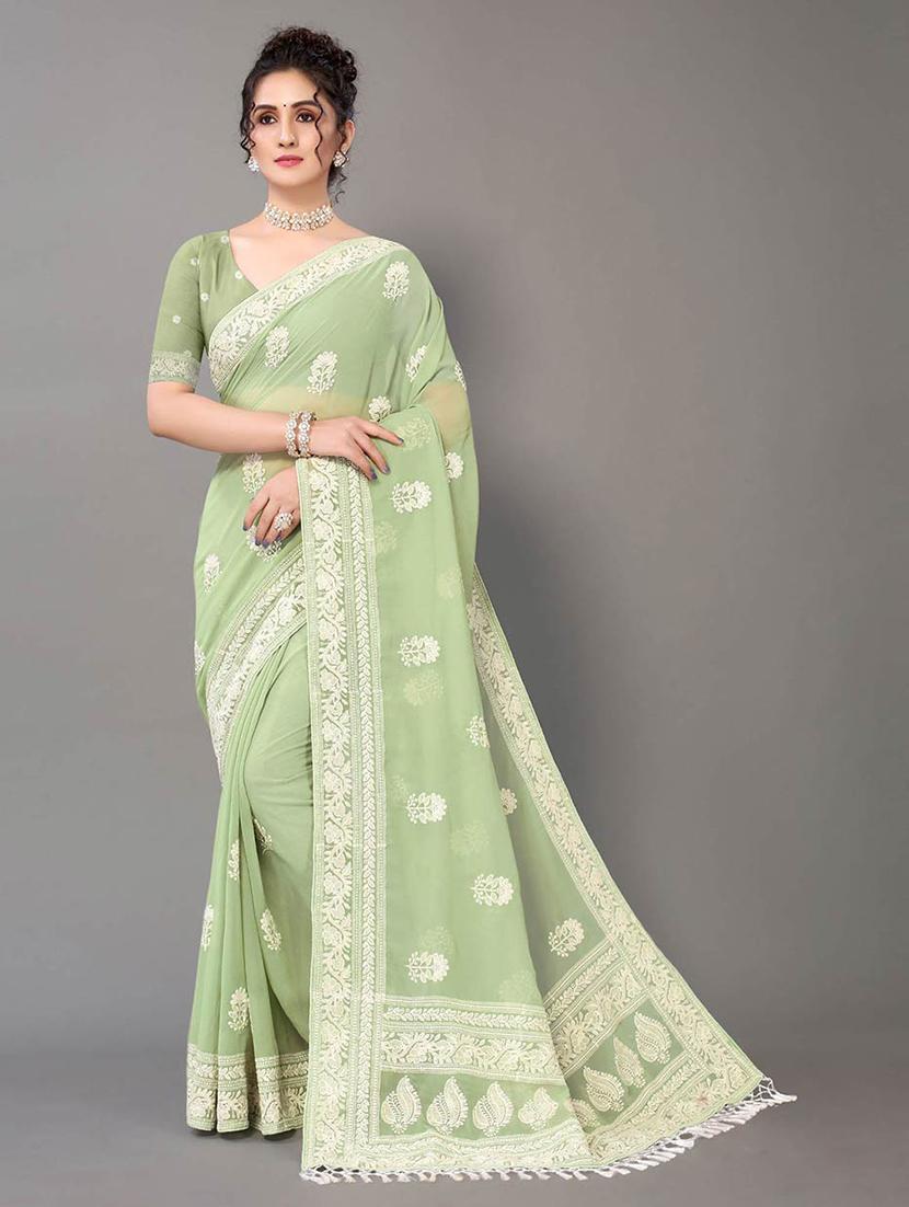 green georgette embroidered saree with blouse - 18685825 -  Zoom Image - 0