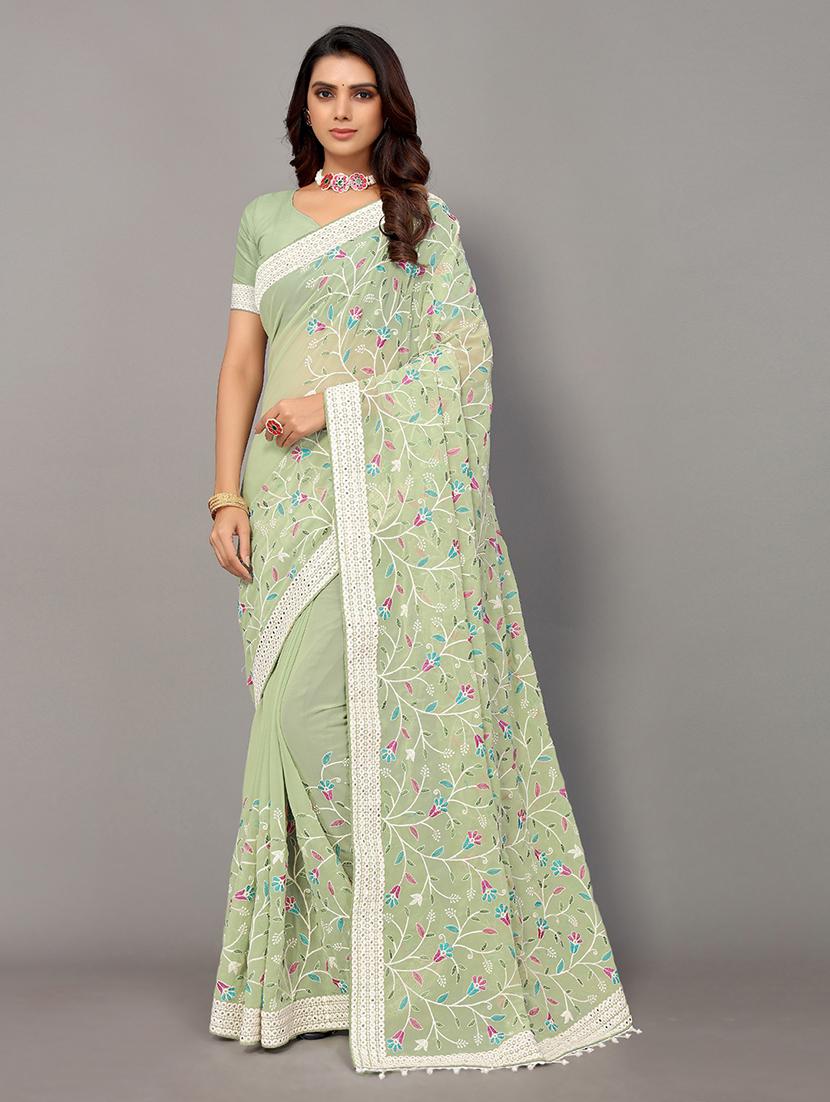 green georgette embroidered saree with blouse - 18685835 -  Zoom Image - 0