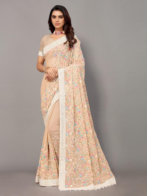 cream georgette embroidered saree with blouse - 18685839 -  Standard Image - 0