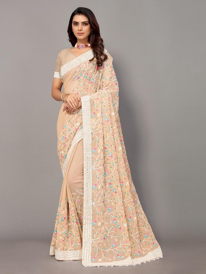 cream georgette embroidered saree with blouse - 18685839 -  Zoom Image - 0