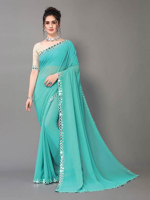 turquoise georgette plain saree with blouse - 18685849 -  Standard Image - 0
