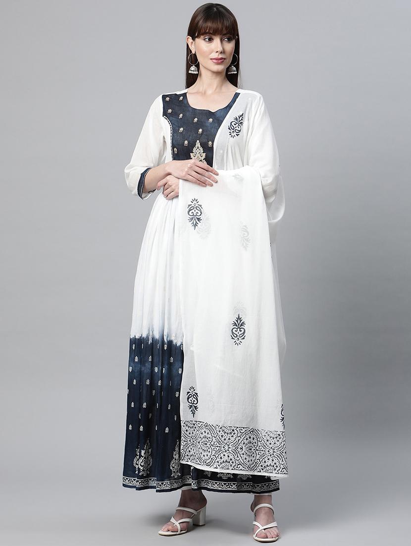 white printed anarkali kurta with dupatta  - 18686842 -  Zoom Image - 0