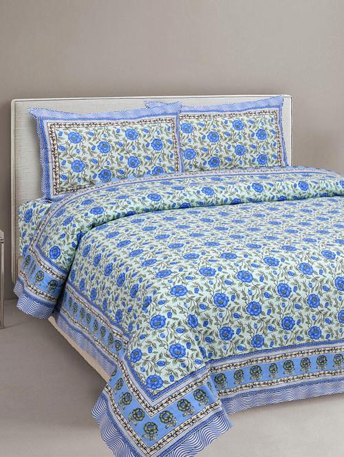 uniqchoice 180 tc blue color floral printed king size bedsheet with 2 pillow cover (eleg-16-blue) - 18688536 -  Standard Image - 0