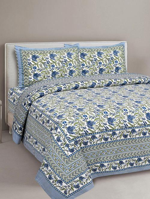 uniqchoice 180 tc blue color floral printed king size bedsheet with 2 pillow cover (eleg-17-blue) - 18688539 - Standard Image - 0