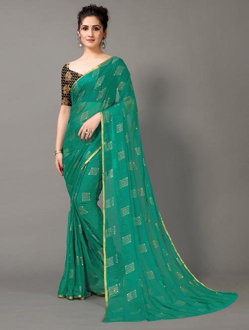 turquoise chiffon printed saree with blouse - 18688648 -  Standard Image - 0