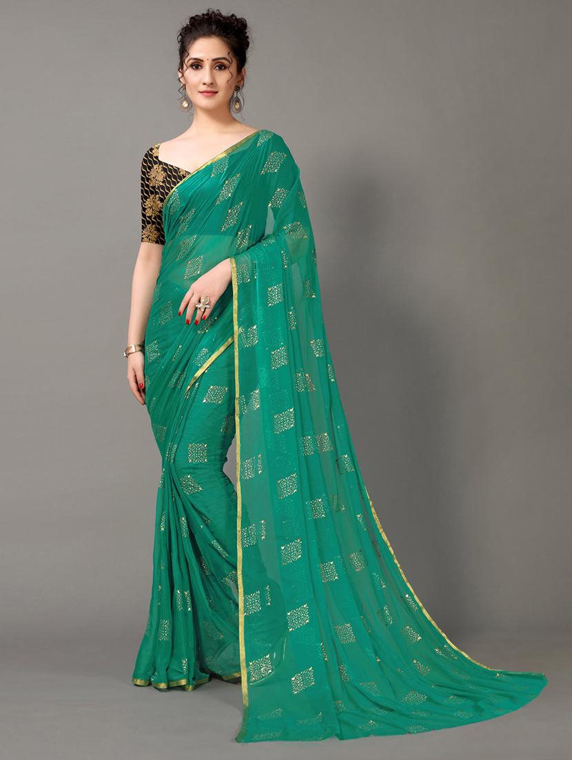 turquoise chiffon printed saree with blouse - 18688648 -  Zoom Image - 0