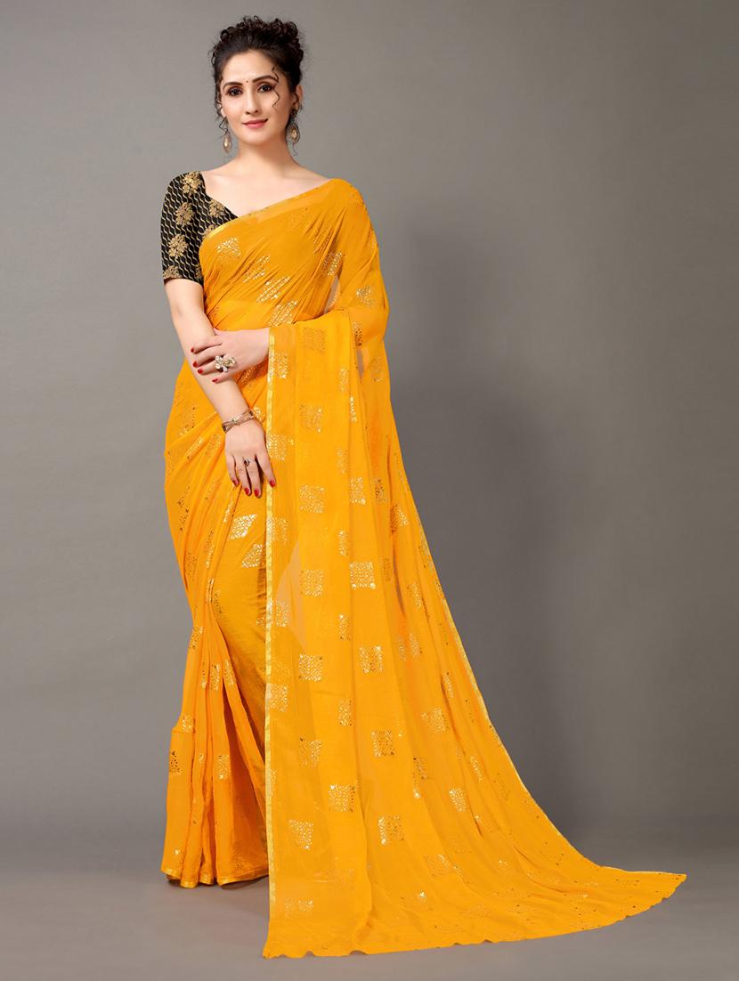 yellow chiffon printed saree with blouse - 18688655 - Zoom Image - 0