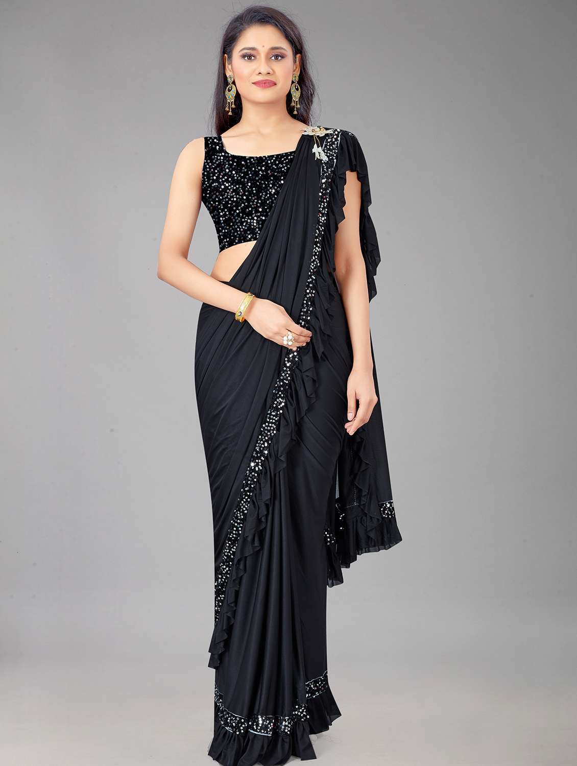 women's solid with work black colored saree with blouse