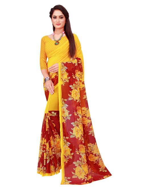 women's floral mustard colored saree with blouse - 18696081 - Standard Image - 0