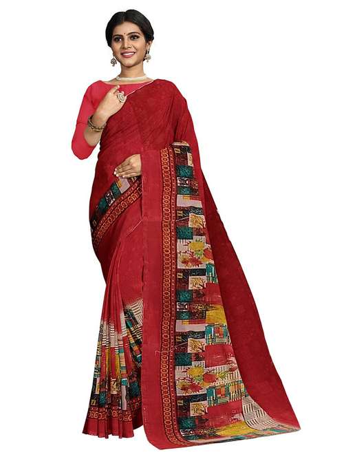women's printed red colored saree with blouse - 18696467 -  Standard Image - 0
