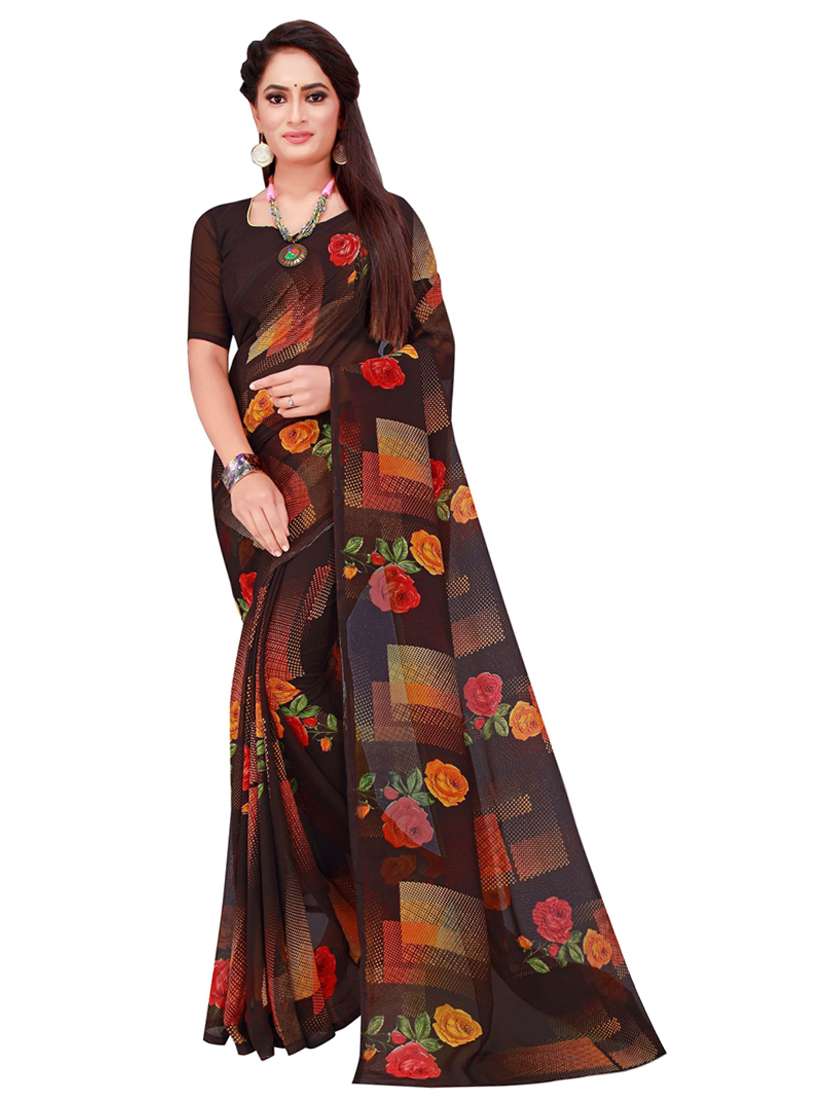 women's floral brown colored saree with blouse - 18696638 -  Zoom Image - 0